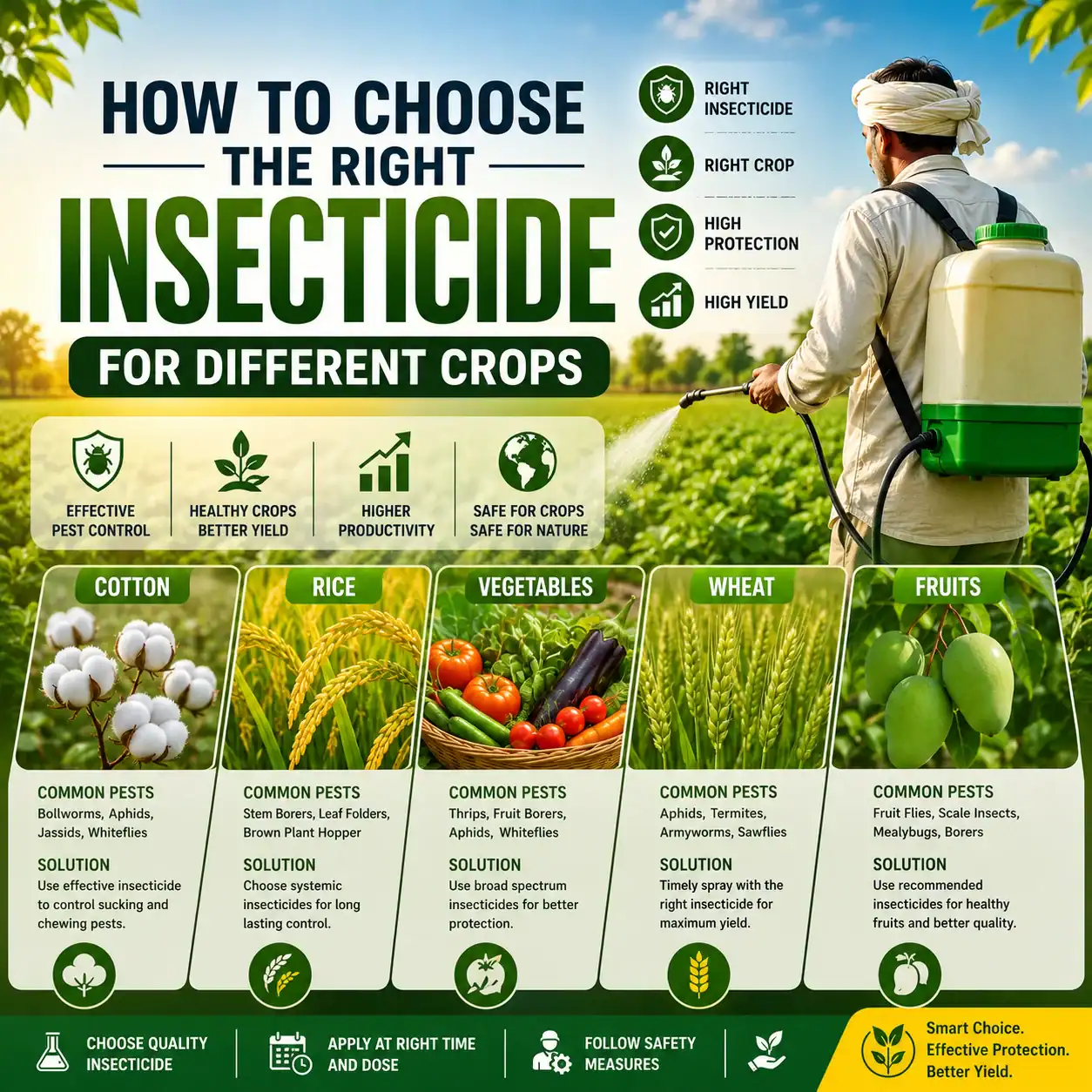 Farmer spraying insecticide on healthy agricultural crops in India